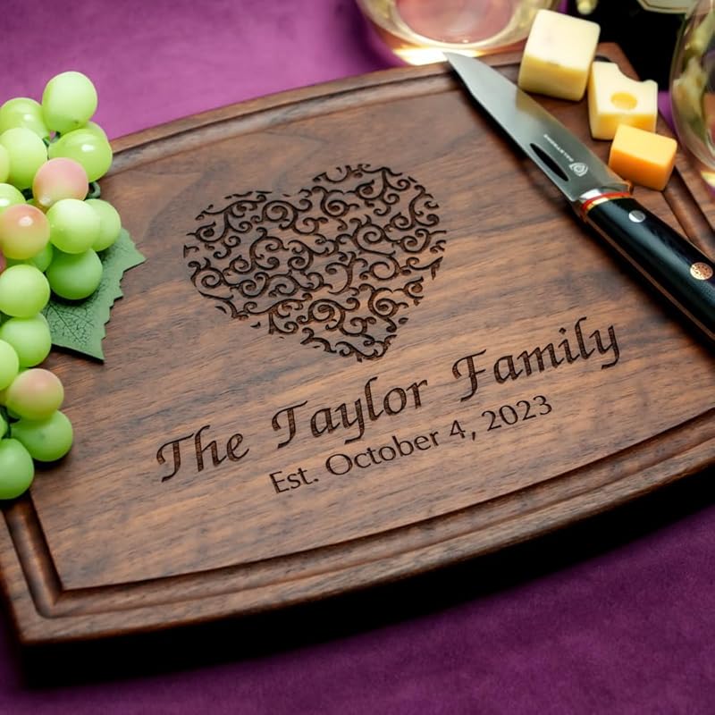 Straga Personalized Cutting Boards | Handmade Wood Engraved Charcuterie | Custom Wedding, Anniversary, Engagement Gift for Couples or Newlyweds (Swirled Heart Design No.213)