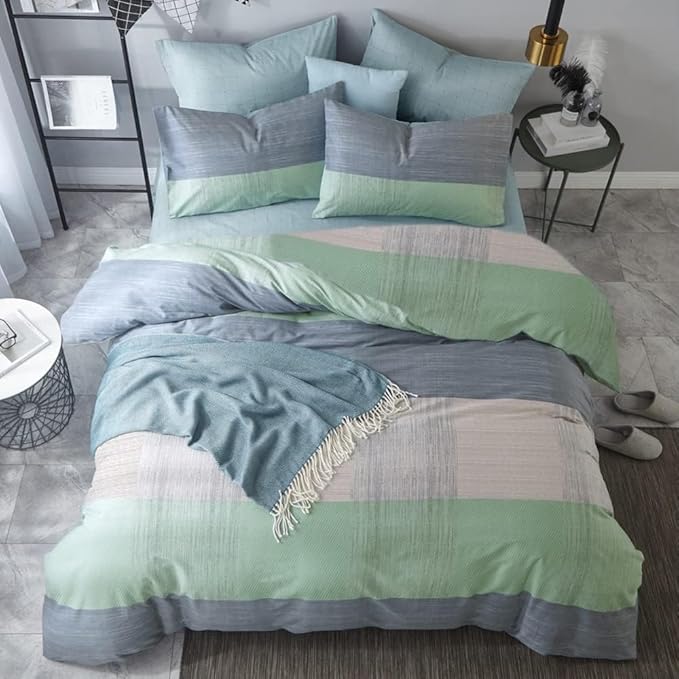 VM VOUGEMARKET Cotton Modern Duvet Cover Set Blue Green Multi-Dimensional Patchwork Design Simple Luxury Cool 3 Pieces King Bedding Set-No Comforter