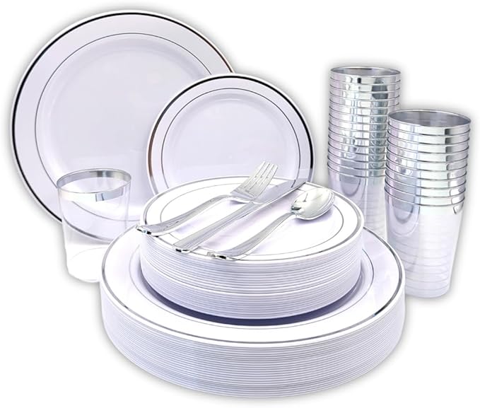 Tableware Dinnerware Set, Premium Heavyweight, Reusable or Disposable Party Plates, Includes Dinner Plate, Dessert Plate, Cutlery, and Cup (Silver, 150-Piece Set, Serves 25 Guests)