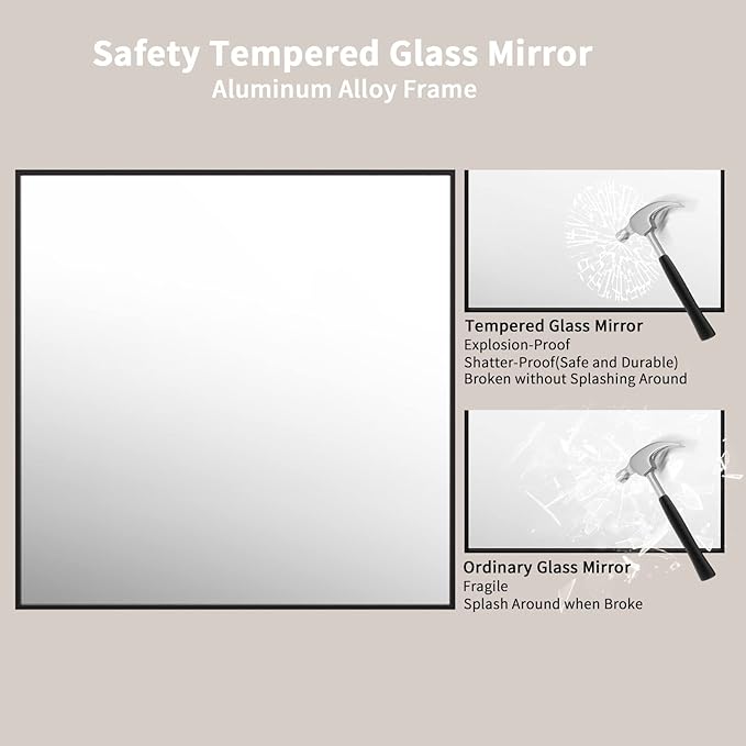 LOAAO 36"X36" Black Rectangle Bathroom Mirror Wall, Matte Black Aluminum Alloy Frame, Tempered Glass, Hangs Vertically or Horizontally, Easy to Install