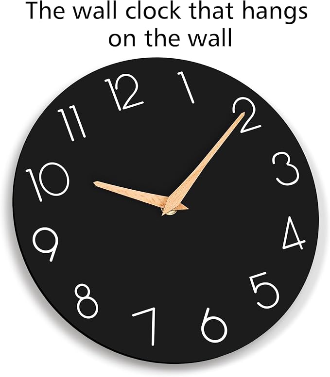 Wall Clock, 12 Inch Wooden Silent Non-Ticking, Decorative Battery Operated Wall Clocks for Bedroom, Kitchen, Home, Living Room, Office, School, Hotel (Black)