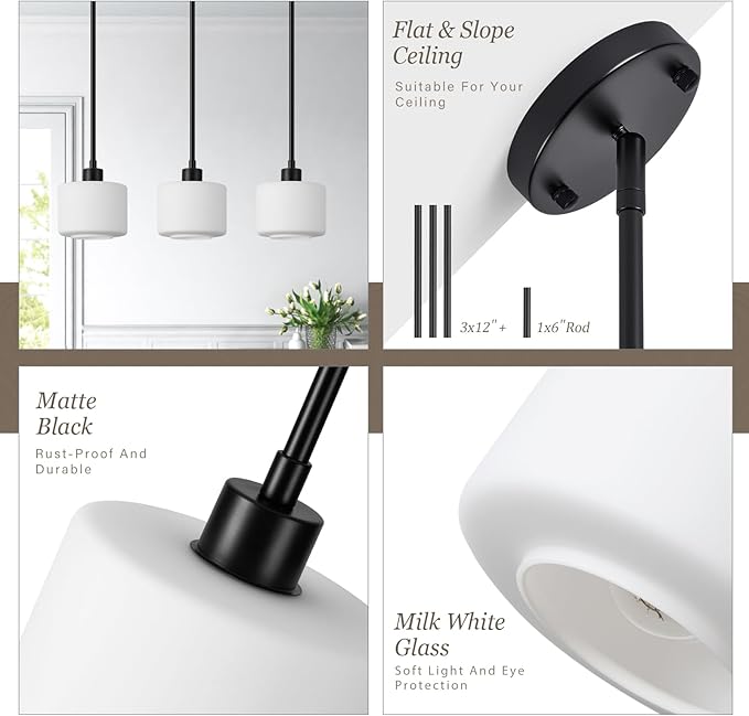 Milk Glass Pendant Lights Kitchen Island, 1-Light Modern Black Hanging Light Fixtures with Rods, Mini Kitchen Pendant Lighting Over Island for Sink Bathroom, OS-YQ8153-1PBK