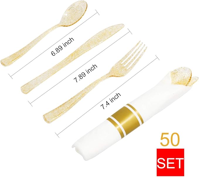 DaYammi 350 Pieces Gold Glitter Dinnerware Set 50 Guest for Party- 50 Dinner Plates, 50 Dessert Plates -50 Per Rolled Napkins with Gold Cutlery - 50 Disposable Cups 9 OZ