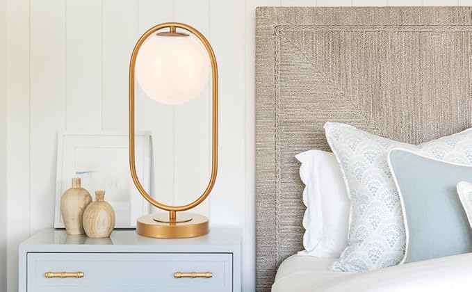 Bedside Table Lamp Modern Brass Desk Lamp with Glass Globe Mid-Centruy Table Light for Bedroom Living Room Home Office