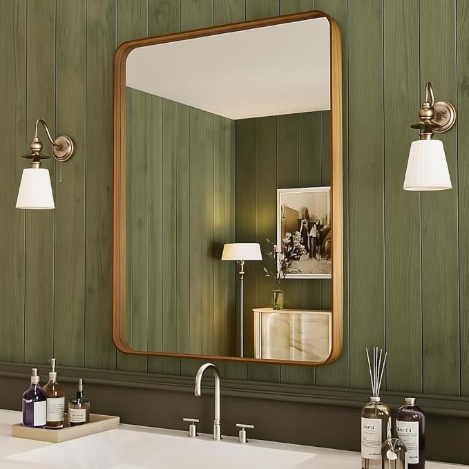 Wood Grain Colored 30x36 Inch Metal Framed Mirror for Wall, Large Rounded Rectangle Mirror, Anti-Rust, Tempered Glass, Hangs Horizontally or Vertically