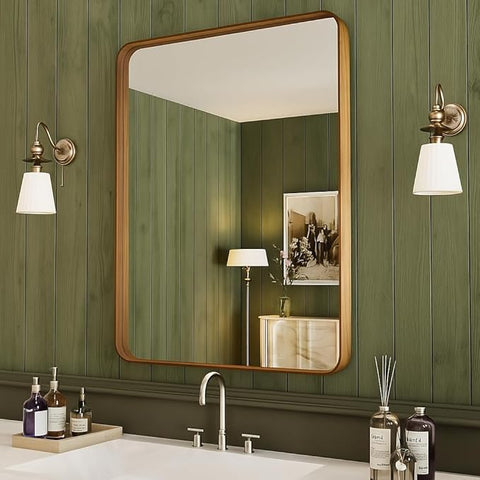 Wood Grain Colored 30x36 Inch Metal Framed Mirror for Wall, Large Rounded Rectangle Mirror, Anti-Rust, Tempered Glass, Hangs Horizontally or Vertically