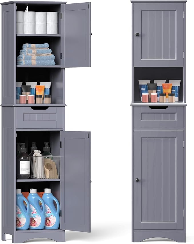 Gizoon 67" H Tall Bathroom Cabinet, Storage Cabinet with 2 Doors & Drawer, Narrow Linen Tower Freestanding Adjustable Shelves for Home, Kitchen, Versatile, Anti-Tipping, Grey