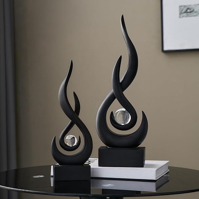 FJS Black Decor Modern Flame Statue Home Decorations for Living Room, 13.7" H Resin Sculptures Home Décor Accents, Abstract Art Sculpture for Dining Room Office Coffee Table Centerpiece