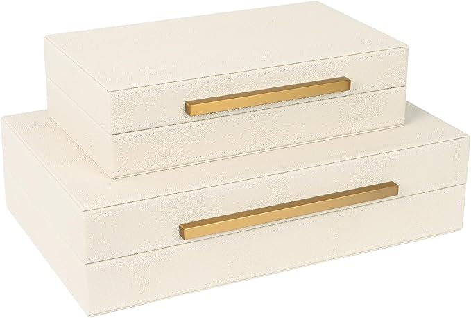 Beige Shagreen Decorative Storage Boxes – Set of 2 Faux Leather Jewelry & Memory Boxes with Gold Metal Handles, Nesting Photo Organizers for Home Decor, Gift, and Office Organization