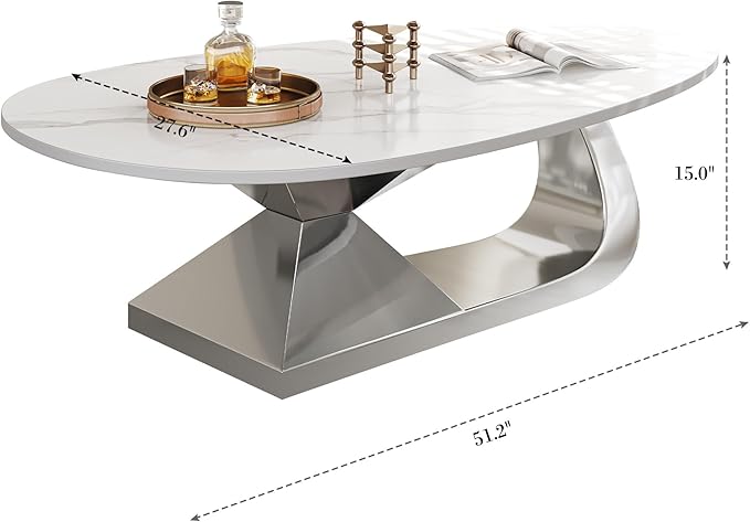 Modern Oval Sintered Stone Coffee Table, 51.2" White and Silver Rectangle Coffee Table with Faux Marble Top & Golden Geometric Stainless Steel Base, Rectangle Tea Center Table for Living Room