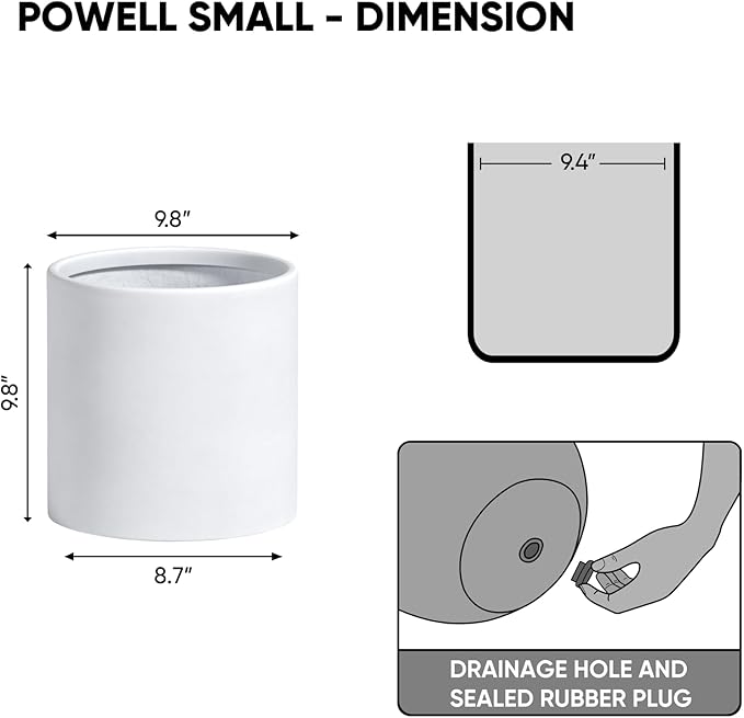 DTY Signature Mount Powell Fiberstone Planter - 10 Inch Small White Cylindrical Mid-Century Modern Home Decor Indoor & Outdoor Plant Pot - Durable Planters for Indoor Plants, Outdoor Spaces