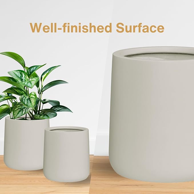 13" H x 12.6" D Conico Fiberstone Round Planter with Drainage Hole, Smooth Finishes, Weather Resistant for Indoor and Outdoor Use, Included 2 Extra Coco Mats (Taupe, 10" Pot Opening)