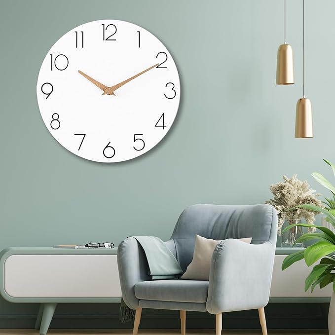 Wall Clock, 16 Inch Wooden Battery Operated Wall Clocks Silent Non-Ticking, Decorative White Clock for Living Room, Bedroom, Kitchen, Home, Office, School, Hotel