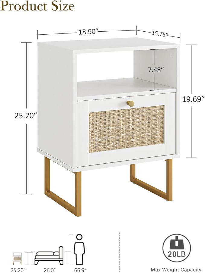 Rattan Nightstand, Mid Century Modern Night Stand,Boho Farmhouse Wood Bedside Table with Storage and Open Shelf, End Side Accent Table for Bedroom,Living Room,White