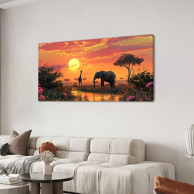 Giraffe and Elephant on Grassland Wall Art Decor Artwork for Bedroom (30x60 Inches)