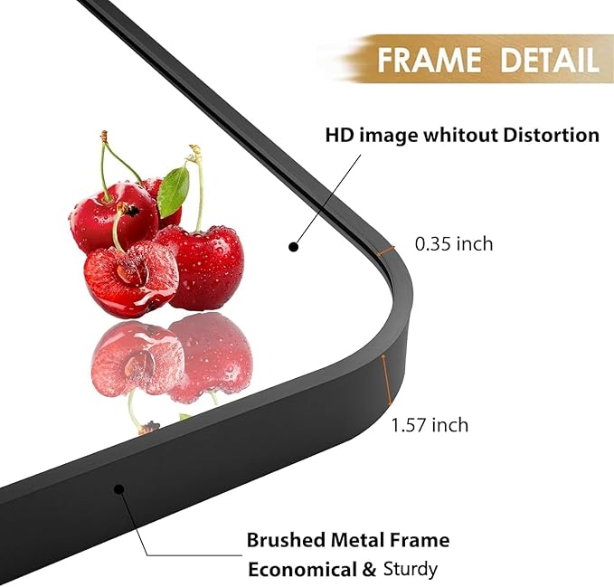 48x30 Inch Black Wall Mirror for Bathroom, Brushed Metal Framed Mirror with Rounded Corner, Rectangle Bathroom Vanity Mirror for Bedroom or Living Room, Horizontal/Vertical