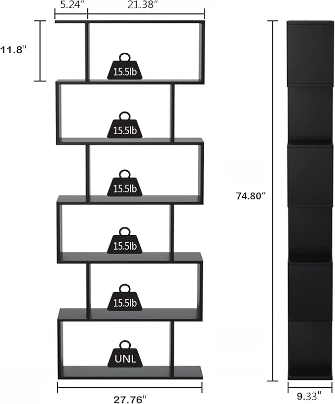 Yusong Bookshelf 6-Tier, Geometric Bookcase S Shaped Book Shelves for Bedroom, Modern Wood Decorative Display Shelf Tall Book Case for Home Office, Black