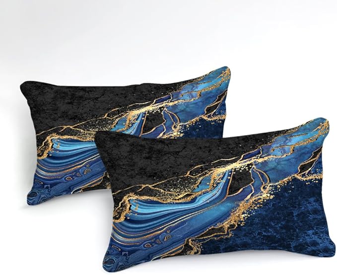 Black Gold Comforter Set Queen Size Blue Marble Bedding Comforter Ocean Blue River Marble Abstract Bedding Watercolor Glitter Comforter Set with 2 Modern Pillowcases