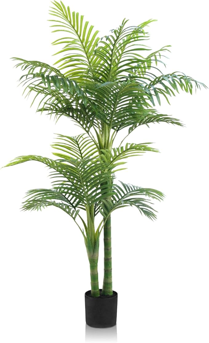 5FT Artificial Golden Cane Palm Tree – Realistic Faux Indoor & Outdoor Plant with Weighted Pot, UV Resistant & Easy Assembly Plastic Tropical Tree for Home or Office Décor