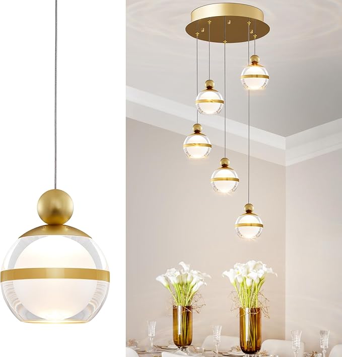Modern Pendant Lighting Dimmable LED Hanging Pendant Light Fixtures Gold Cluster Pendant Lights Kitchen Island for Dining Room Living Room Bedroom Stairs Globe 5-Light
