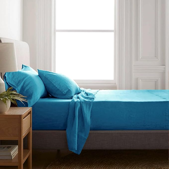 Talasily Linen Sheets-Queen Size Sheets Set,Blend from Linen Cotton Bedsheets,All Seasons Soft Breathable 4 Piece Set-Blue