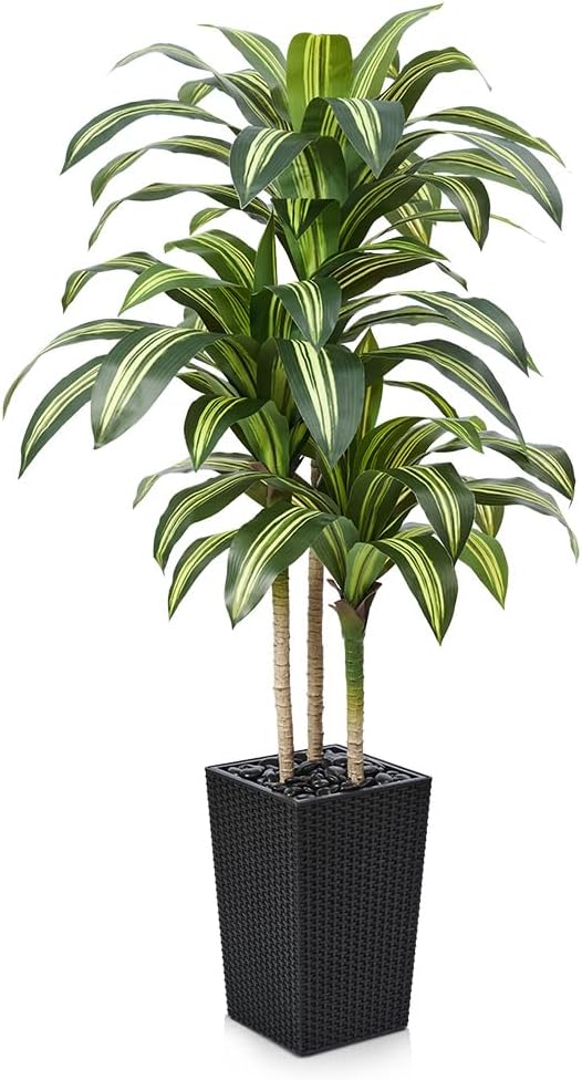 Artificial Dracaena Tree 5FT - UV Resistant Faux Tree with Large Taper Planter & Pebbles - Tall Fake Plants Indoor & Outdoor, Potted Floor Plant for Home Living Room Porch Decor, VN127