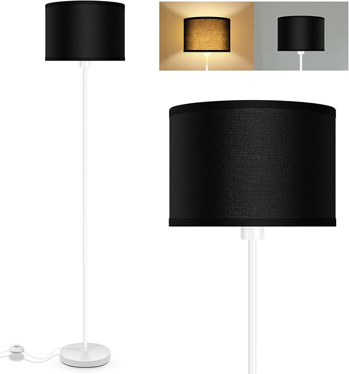 Floor Lamp White, Standing Lamp, 58" Tall Floor Lamp with Black Lampshade, Foot Pedal Switch, Modern Bright Floor Lamps for Living Room/Bedroom/Classroom/Kids Room, White Lamp for Girls' Gift(NO Bulb)