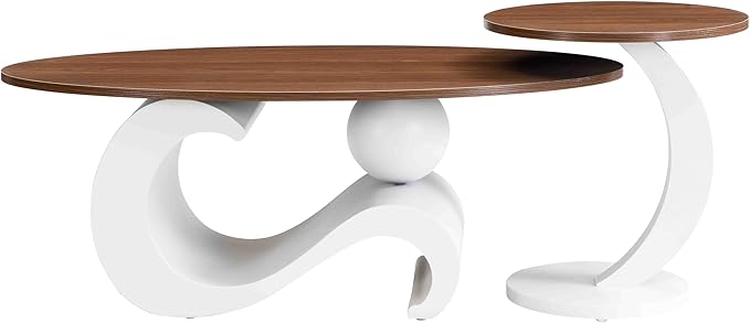 Marble Nesting Coffee Table Set of 2,Modern Oval Center Tea Table and Round Side Nightstand Set w/Wood Tabletop and Metal Frame for Living Room Accent Furniture