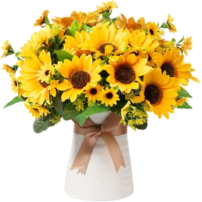 Artificial Flowers with Ceramics Vase for Fall Decoration, 5 Pcs Sunflowers Fake Silk Flower Arrangements ,Faux Floral Centerpieces for Tables Dinning Room Office Tabletop Home Decor(Ripple Vase)