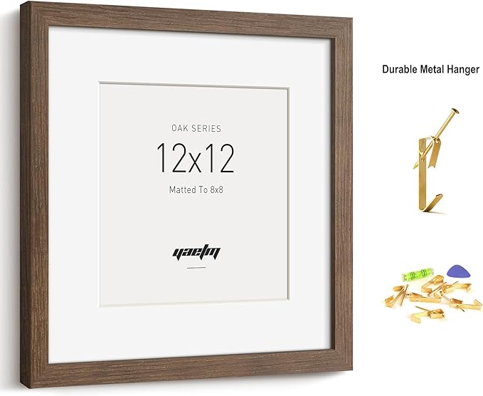 Yaetm Square 12x12 Picture Frame – Brown Walnut, Solid Wood Frame 12x12 with Tempered Real Glass, Display 8x8 Photo with Mat or 12 x 12 Art Print without Mat, Wall Mount (3 Pack, Walnut)