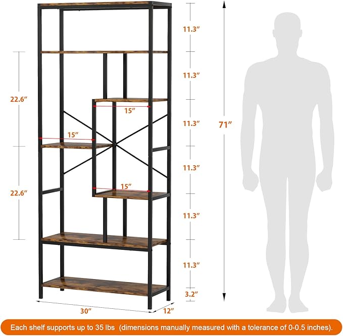 Book Shelf, 5 Tier Bookcase, Tall Bookshelf Modern Book Case for Books, Ornament, Free Standing Storage Organizer for Bedroom Home Office Kitchen Living Room (Rust Brown, 6-Tier)