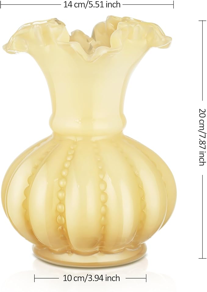 Joeyan Handmade Yellow Glass Flower Vase,7.9" Vintage Decorative Urn Vase for Centrepieces Bouquet Wedding,Colored Thickened Pedestal Vase Decorations for Rustic Home Living Room Office Farmhouse