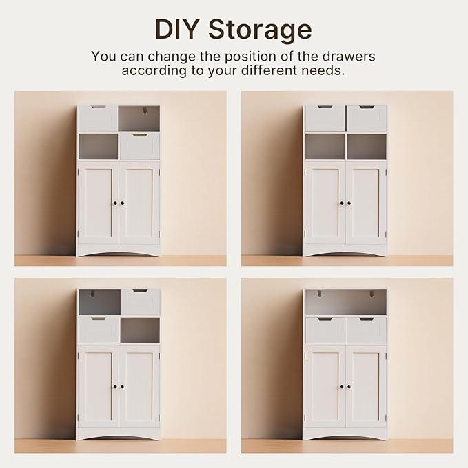 Gizoon Storage Cabinet, Bathroom Cabinet with 2 Drawers and Adjustable Shelves, Freestanding Storage Organizer with Doors for Bathroom, Living Room, Kitchen, Home Office, Hallway