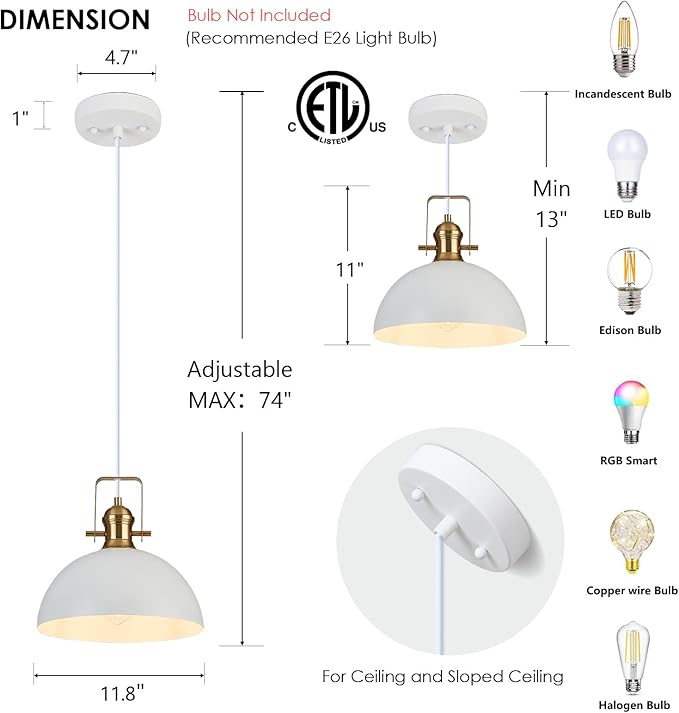 12 Inch Pendant Lights for Kitchen Island Matte White Farmhouse Pendant Light fixtures Adjustable Height Dome Hanging Light for Dinning Room Bedroom Hallway,1 Pack