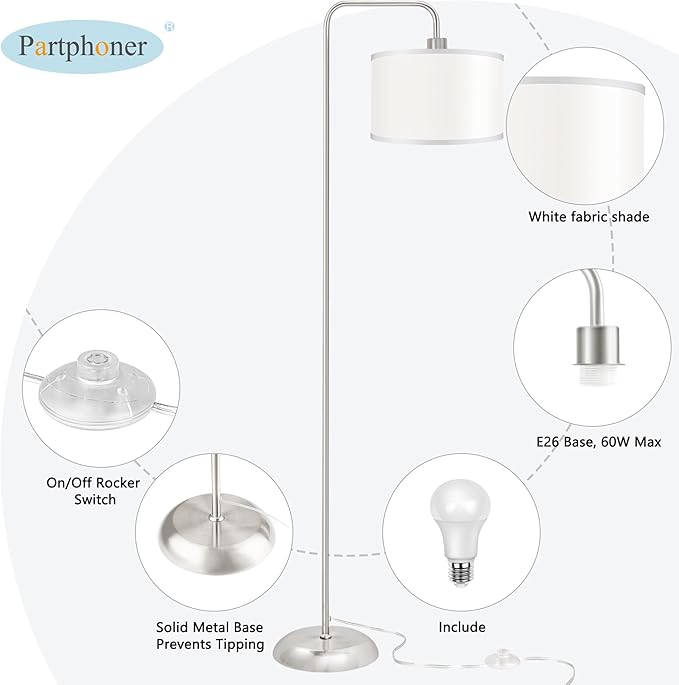 [Upgraded] LED Floor Lamp for Living Room, 3 Color Temperature Floor Lamp with Foot Switch Modern Standing Lamp Tall Pole Floor Reading Lamp for Bedroom Study Room, Bulb Included Silver (One Shade)