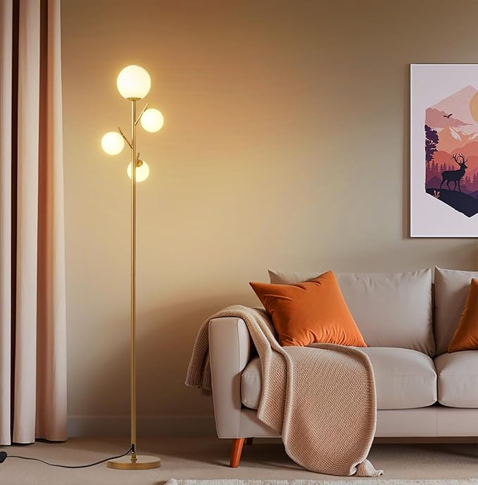 Fiqevs 4 Globe Gold Floor Lamp, Modern Sputnik Tree Standing Lamp with Frosted Glass Ball Lampshade & 3000K LED Bulbs, Mid Century Contemporary Tall Lamp for Living Room, Bedroom - Antique Brass