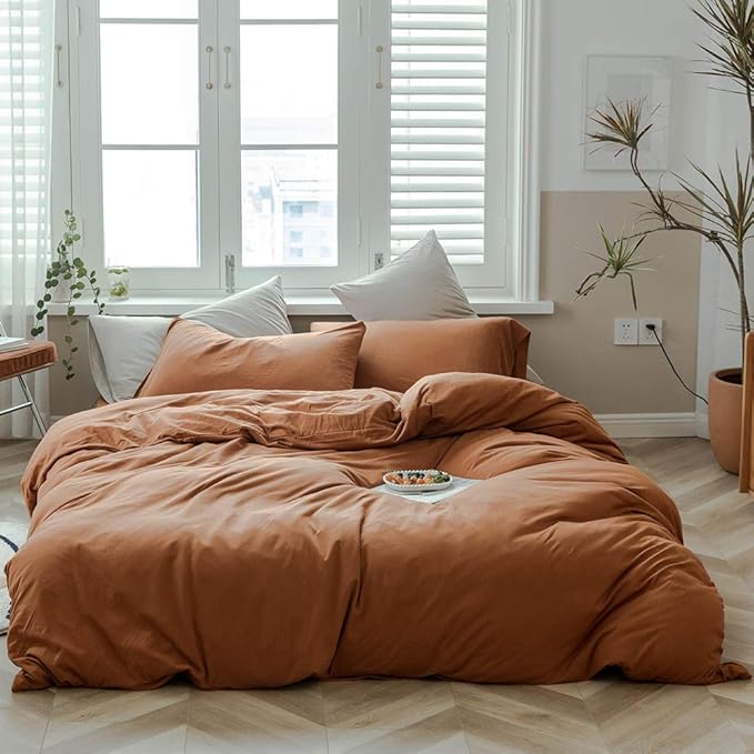 VM VOUGEMARKET Jersey Duvet Cover Queen,Pumpkin Duvet Cover with 2 Pillowcases,Super Soft Burnt Orange Bedding Set for Men Women Without Filling-Full/Queen,Pumpkin