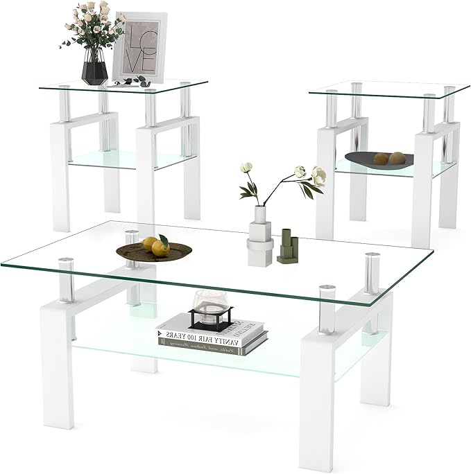 IANIYA 3 Piece Living Room Table Set, Modern Tempered Glass Coffee Table Set, Glass Coffee Table Black Metal Frame End Table for Living Room Apartment Small Space, White