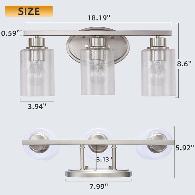 Bathroom Vanity Light Fixtures Over Mirror, Seeded Glass Bathroom Vanity Light, 3 Light Brushed Nickel Bathroom Light Fixtures with Clear Glass, Modern Rustproof Vanity Light Wall Mount