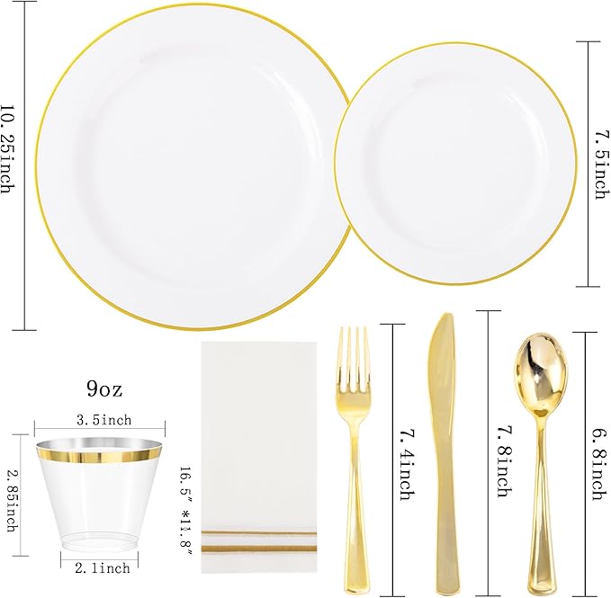 SUT 175 PCS Plastic Plates,Plates Disposable Heavy Duty for 25 Guests, Disposable Plates for Party, Plastic Disponsable plates including Party plates and Cups and Napkins Sets