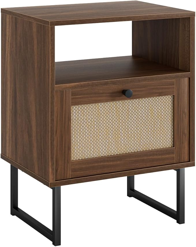 Rattan Nightstand, Mid Century Modern Night Stand,Boho Farmhouse Wood Bedside Table with Storage and Open Shelf, End Side Accent Table for Bedroom,Living Room,Walnut