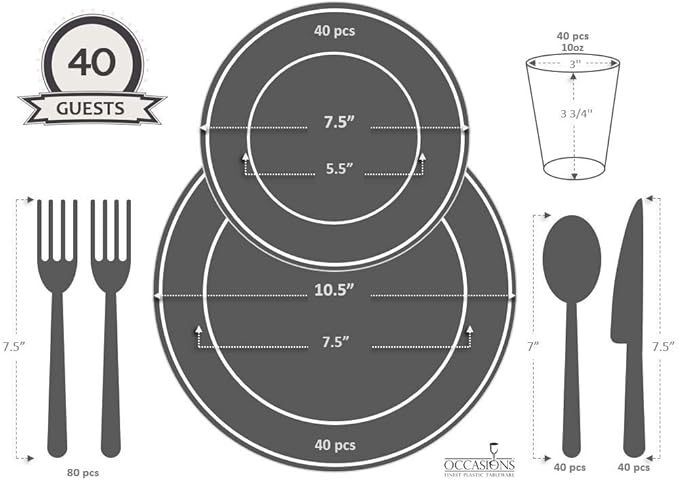 " OCCASIONS " 320pcs set (40 Guests)-Heavyweight Wedding Party Disposable Plastic Plate Set -40 x 10.5'' + 40 x 7.5'' + Silverware + Cups +linen like paper Napkins (Plain Ivory)