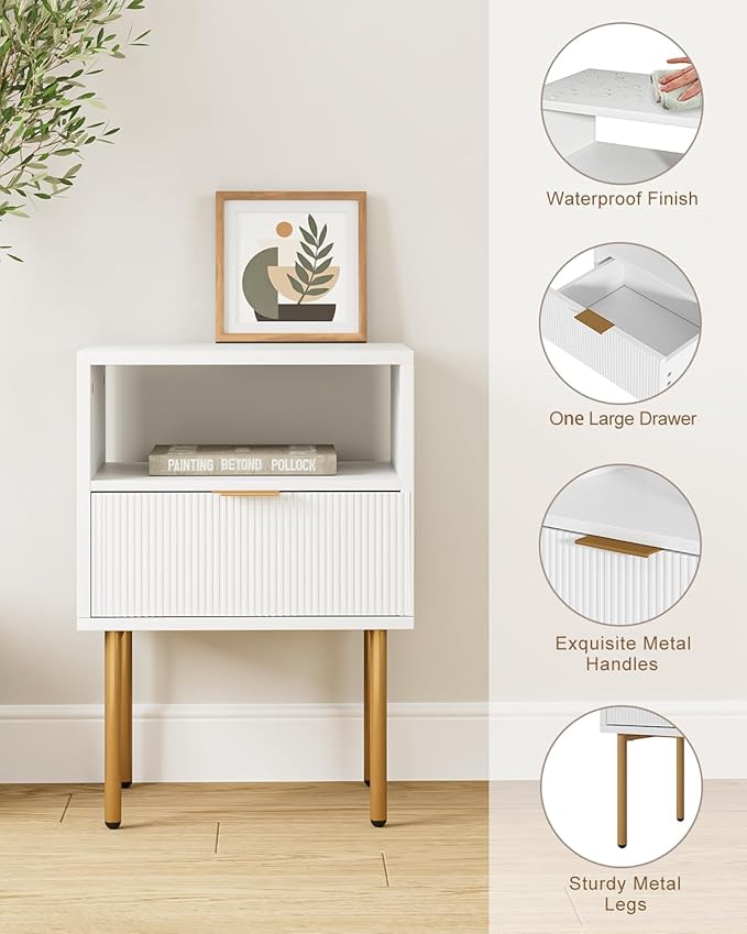 Nightstand,Morden Bedside Table with Gold Frame,Small White Night Stand,End Table,Bedside Furniture,Side Table with Drawer and Shelf for Bedroom,Living Room (1Drawer, White)