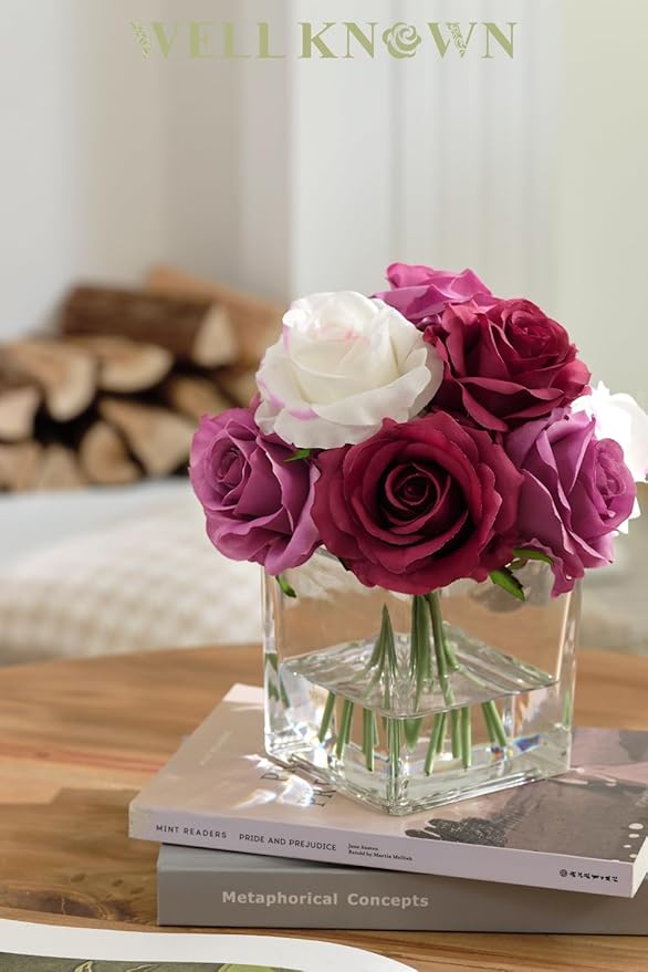 WELL KNOWN Rose Artificial Flowers in Vase with Faux Water, Silk Rose Table Centerpieces for Home Coffee Table Decor, Fake Roses Flower Arrangements for Office Hotel Lavatory Decor (Purple & White)