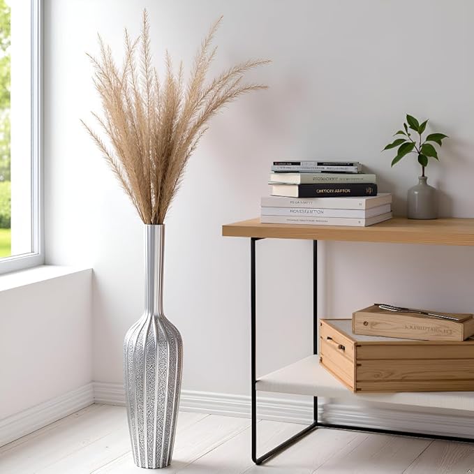 Elegant Silver Floor Vase - 23.62 Inch Tall Decorative Vase for Dried Flowers & Home Décor, Resin Tall Floor Vase