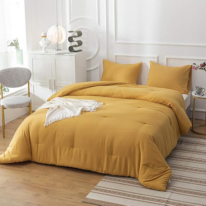 Pureant Mustard Comforter Set California King Dark Yellow Bedding Comforter Sets Solid Yellow Cal King Comforter for Women Girls Soft Plain Turmetric Comforter Sets Solid Ginger Blanket