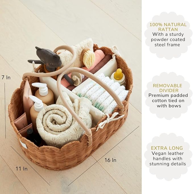 BEBE BASK Premium Baby Diaper Caddy Organizer - Handmade & Award-Winning Scalloped Rattan Basket - Luxury Diaper Caddy Basket - Elegant Scalloped Edge (Mocca)