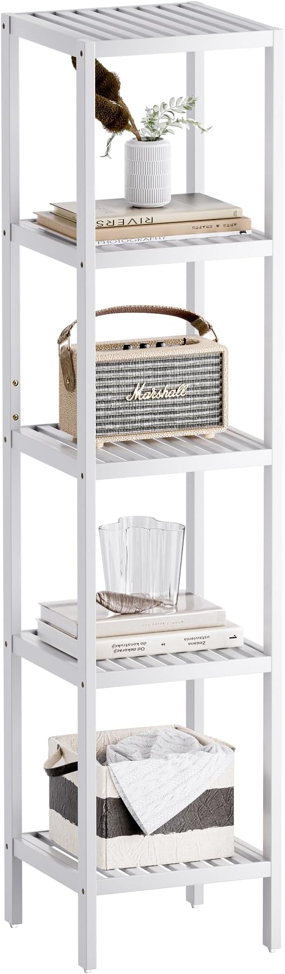 SMIBUY Bathroom Storage Shelf, 5-Tier Bamboo Rack Organizer, Multifunctional Shelving Unit for Living Room Bedroom Kitchen (White)