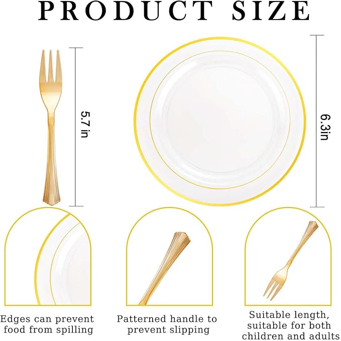 DaYammi 240Pcs Appetizer Plates Include 120Pcs Gold Dessert Plates 6.3inch with 120Pcs Gold Plastic Forks 5.7inch,Clear gold plates Disposable Salad Plate for Party Cake Plate for Wedding