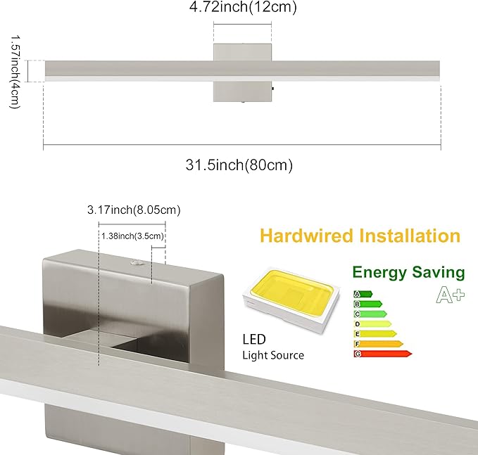 Nickel Bathroom Vanity Light 31.5 inch, 18W Dimmable 5CCT LED Bathroom Light Fixture Over Mirror Restroom-ETL Certificated